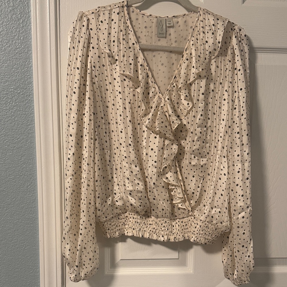 Joie Ivory Blouse with Black Polka Dots and Ruffle V-Neck